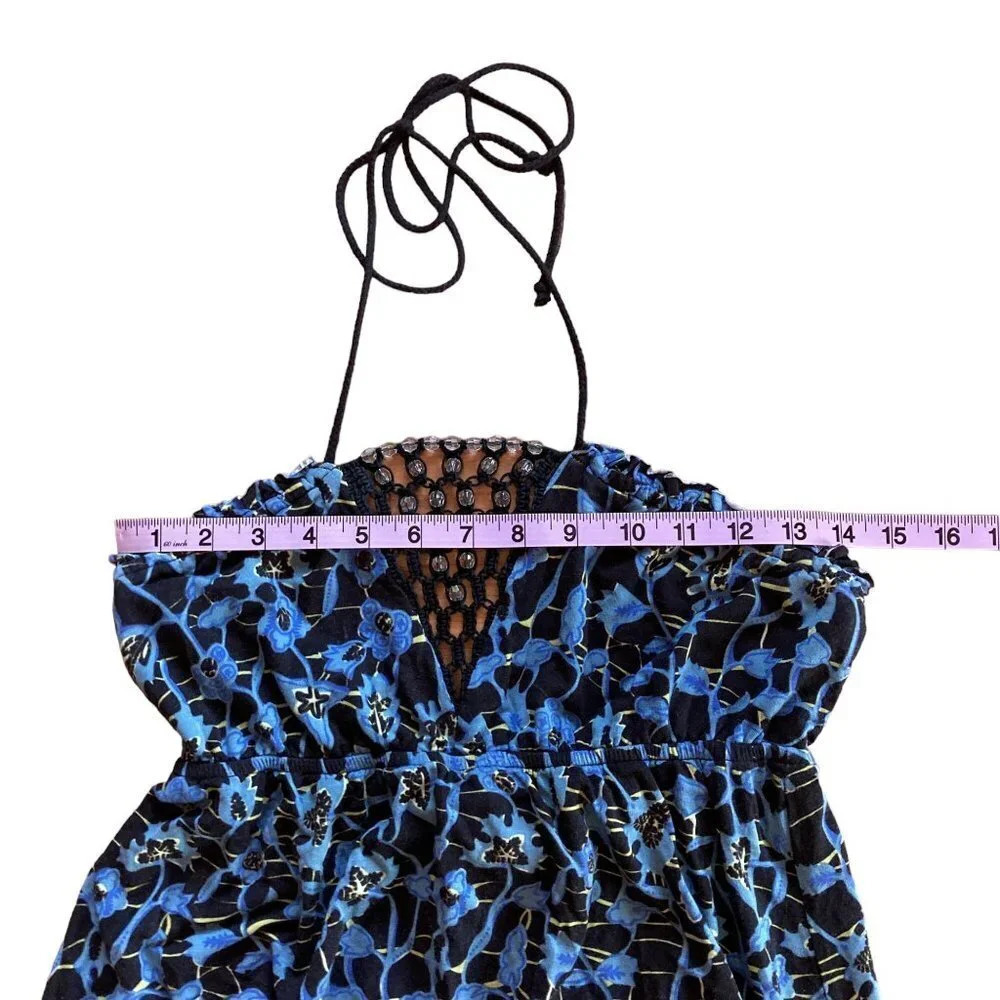 𝅺Free People Beaded Halter Dress, Black and Blue Floral‎ Pattern, Size Medium - Picture 6 of 10